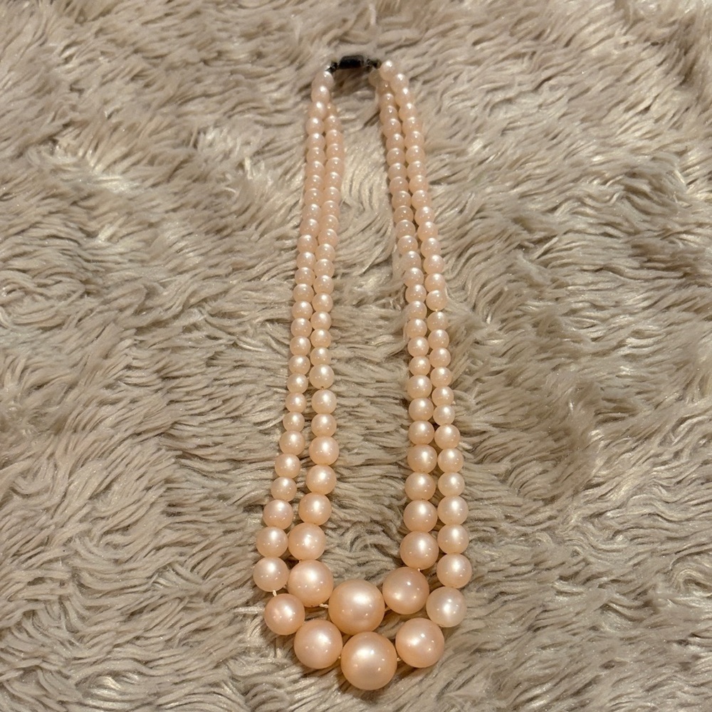Vintage Sterling Clasp Graduated Double Strand Moon Glow Lucite Bead Necklace